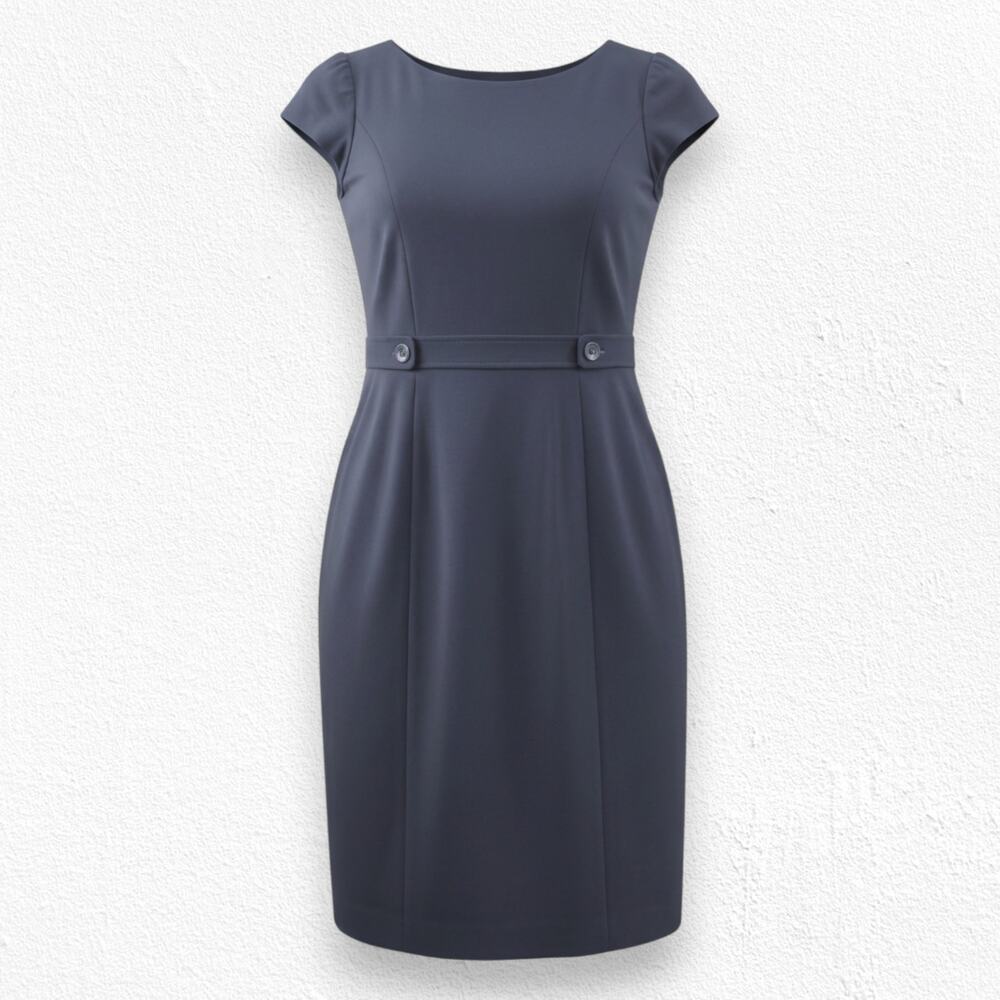 Talbots Navy Sheath Dress Italian Knit Fabric Cap Sleeve Button Waist Size 14